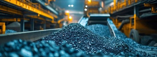 A close-up of a large pile of coal within a processing plant, with machinery and conveyor belts visible in the background under artificial lighting. The focus is on the texture of the coal and the industrial setting.