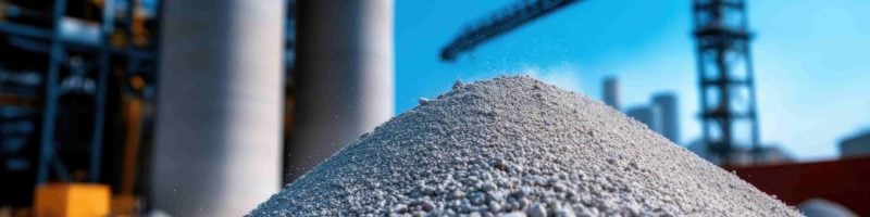 Close-up view of a pile of aggregate,  with industrial cranes and silos in the background.  Construction, material, cement.
